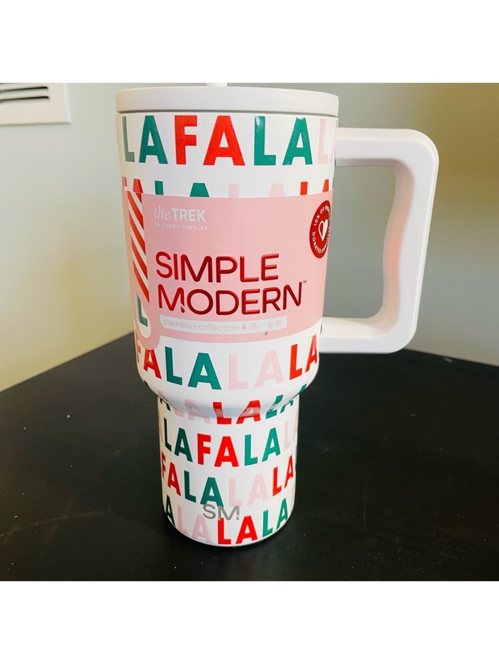 Simple Modern 'Fa La La' Holiday Travel Mug - White with Red & Green Print